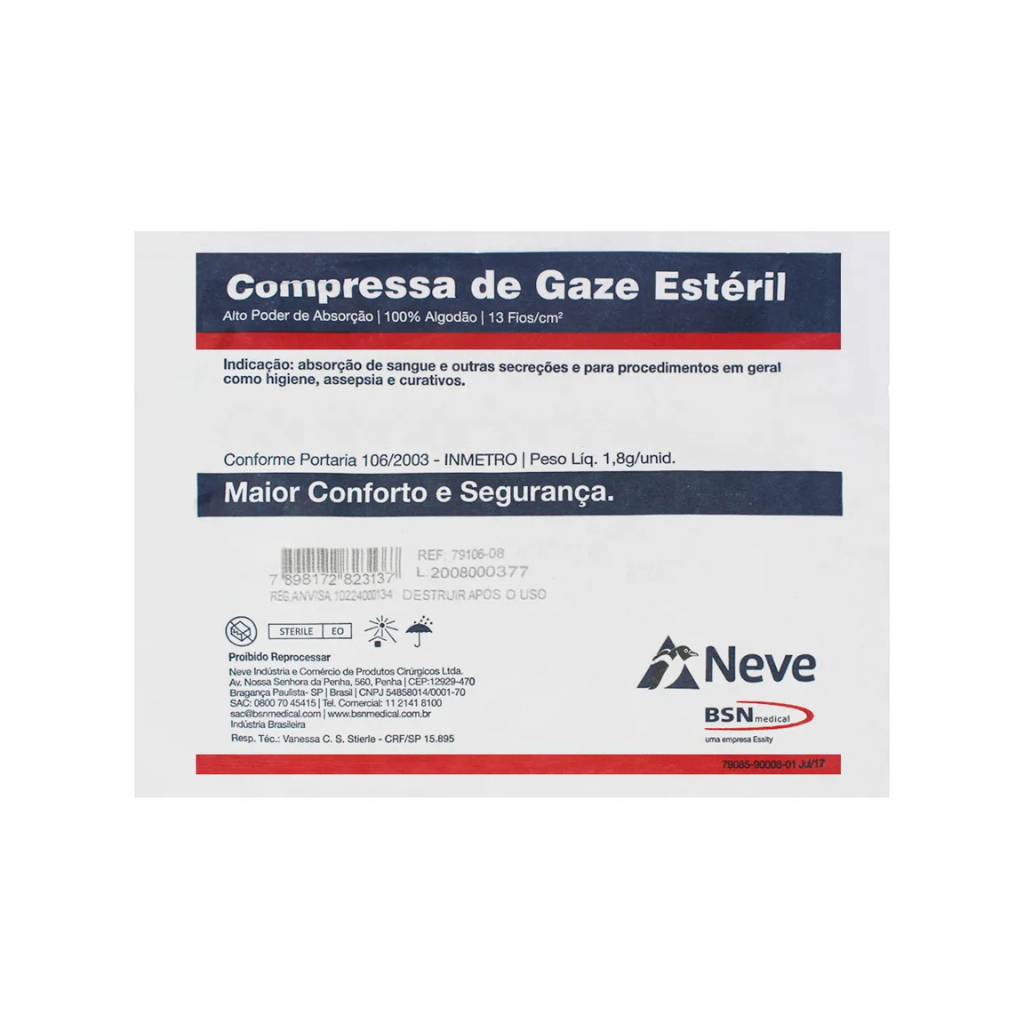 Gaze Estéril 7,5 x 7,5cm 13 Fios c/ Fio Radiopaco (C/Rx) | Pacote c/10 (PCTE)